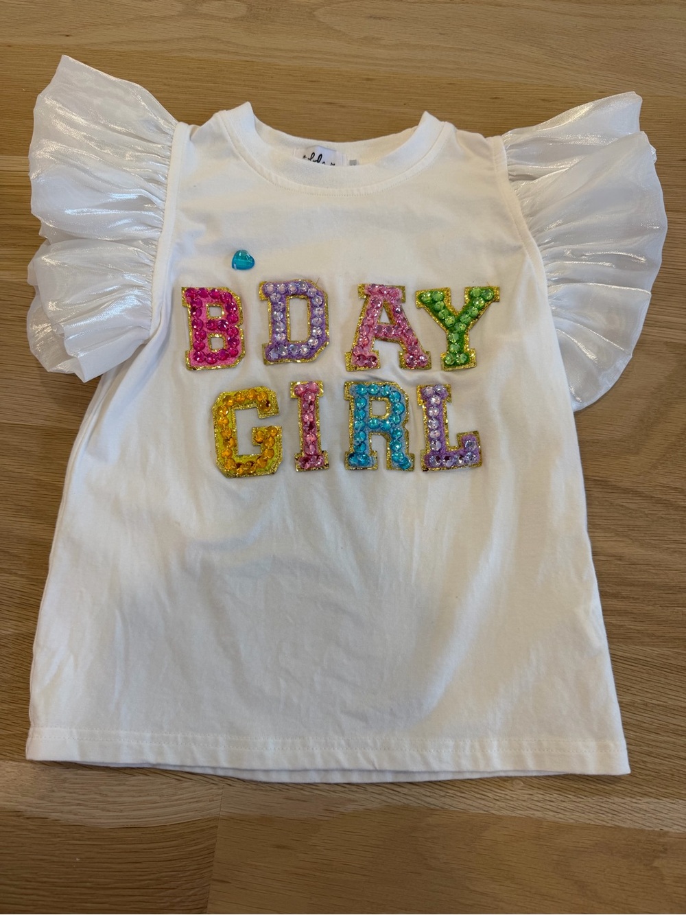 Lola + The Boys White Tee with Multi-Color Sequin 'BDAY GIRL' and Ruffle Sleeves